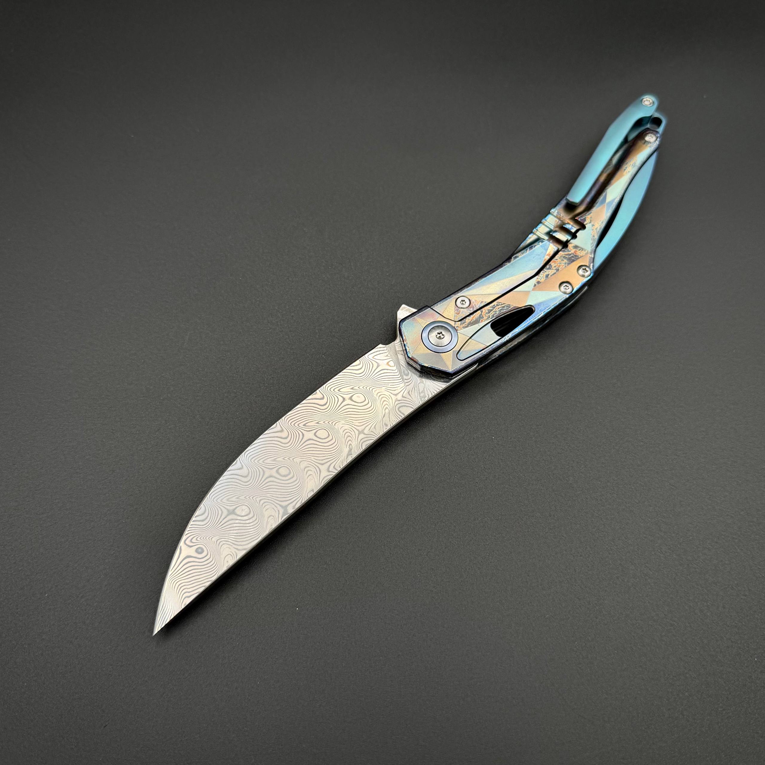 Складной нож Vireon Damascus Cyan-Blue Titanium Terra Series